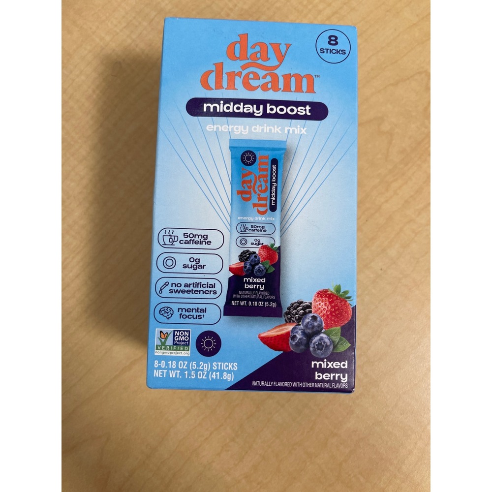 DayDream Midday Boost Energy Drink Mix Mixed Berry 8 Sticks 50mg Caffeine Vegan